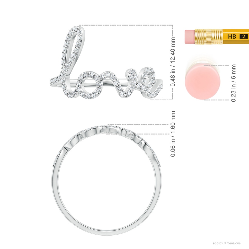0.9mm GVS2 Prong Set Round Diamond Cursive "LOVE" Ring in White Gold Ruler