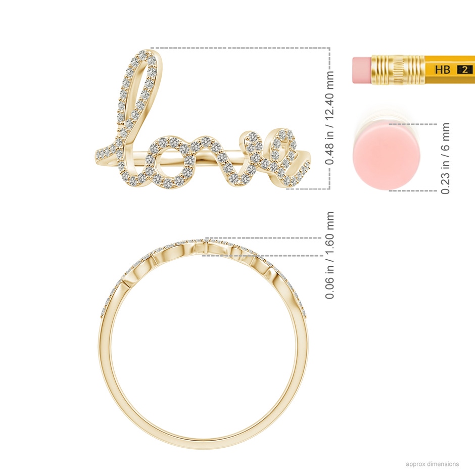 0.9mm KI3 Prong Set Round Diamond Cursive "LOVE" Ring in Yellow Gold ruler