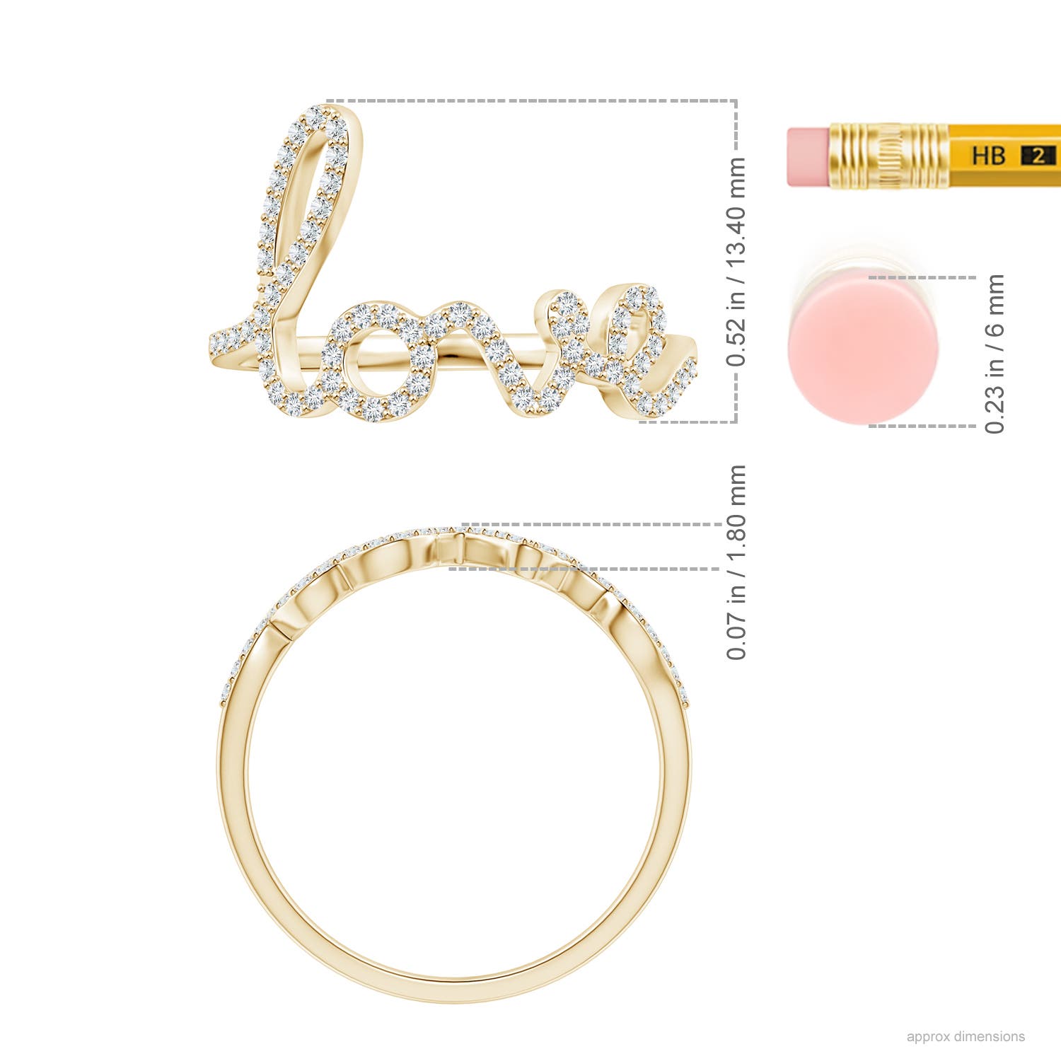 1mm GVS2 Prong Set Round Diamond Cursive "LOVE" Ring in Yellow Gold - ruler