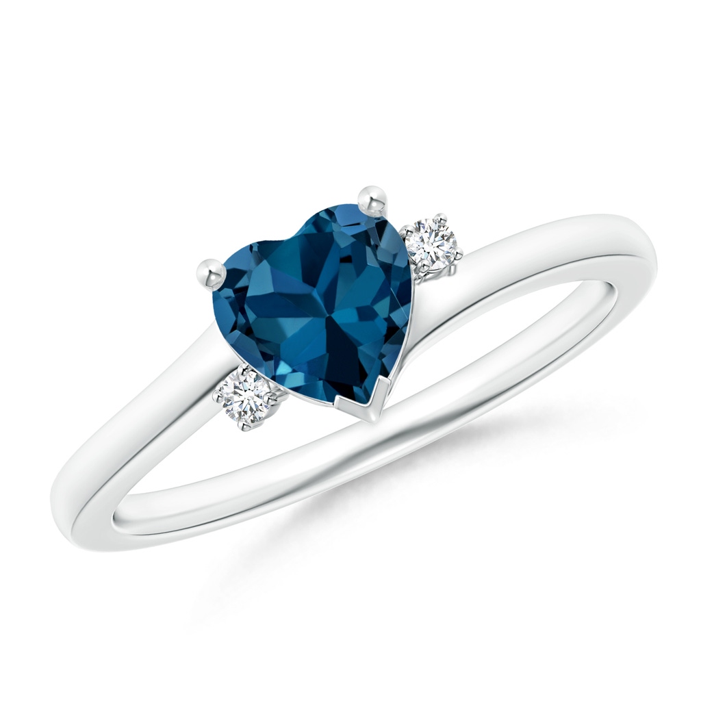 6mm AAA Solitaire Heart London Blue Topaz Bypass Ring with Diamonds in 10K White Gold