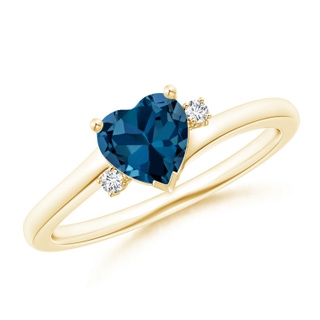 6mm AAA Solitaire Heart London Blue Topaz Bypass Ring with Diamonds in Yellow Gold