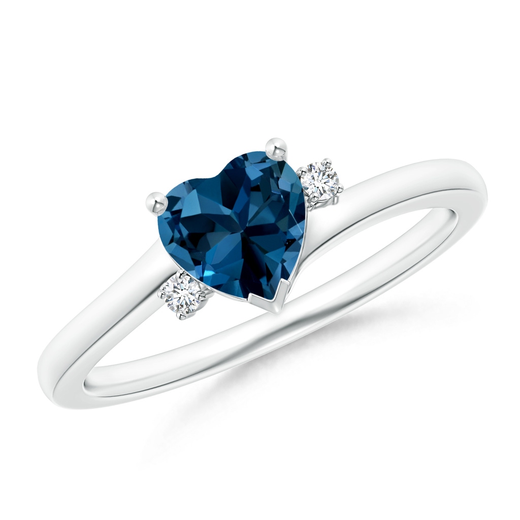 6mm AAAA Solitaire Heart London Blue Topaz Bypass Ring with Diamonds in S999 Silver
