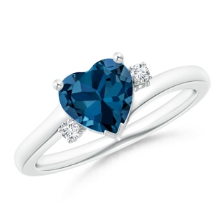 7mm AAA Solitaire Heart London Blue Topaz Bypass Ring with Diamonds in White Gold