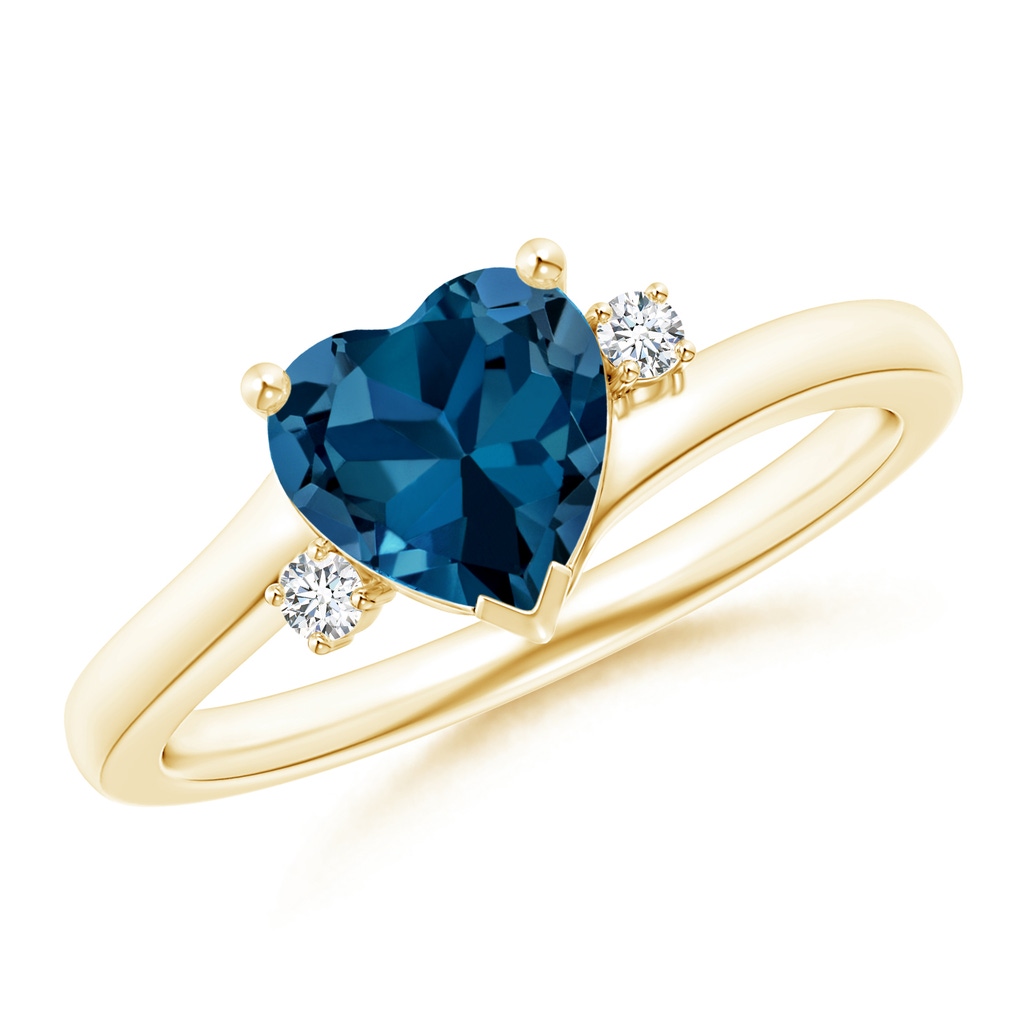 7mm AAA Solitaire Heart London Blue Topaz Bypass Ring with Diamonds in Yellow Gold