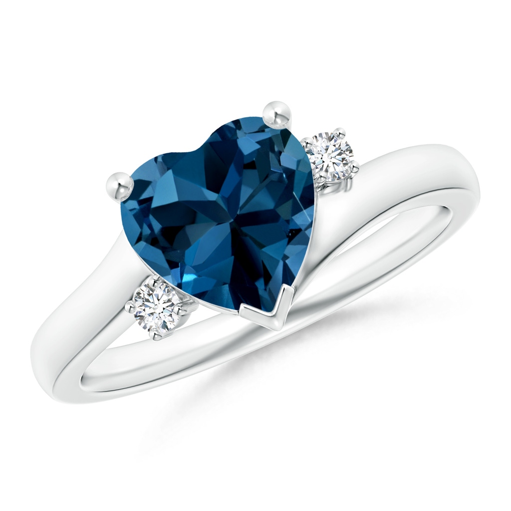 8mm AAAA Solitaire Heart London Blue Topaz Bypass Ring with Diamonds in White Gold