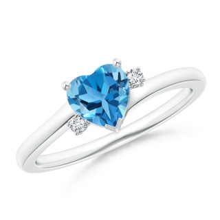 6mm AAA Solitaire Heart Swiss Blue Topaz Bypass Ring with Diamonds in 9K White Gold