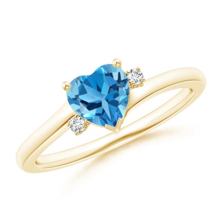 6mm AAA Solitaire Heart Swiss Blue Topaz Bypass Ring with Diamonds in Yellow Gold