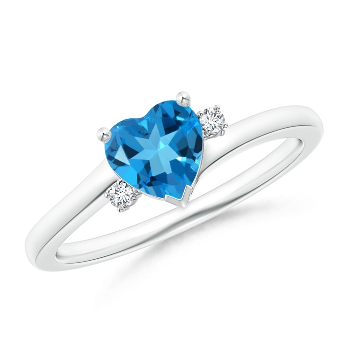 6mm AAAA Solitaire Heart Swiss Blue Topaz Bypass Ring with Diamonds in White Gold