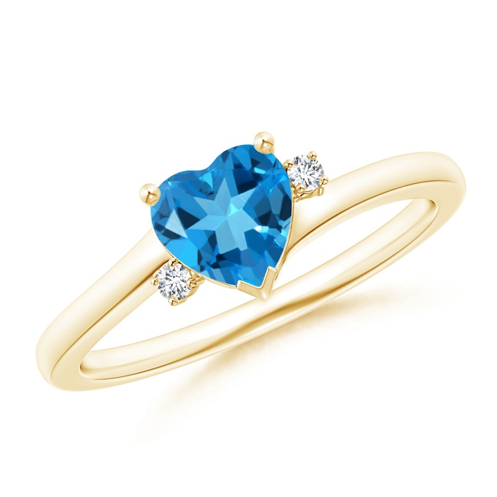 6mm AAAA Solitaire Heart Swiss Blue Topaz Bypass Ring with Diamonds in Yellow Gold