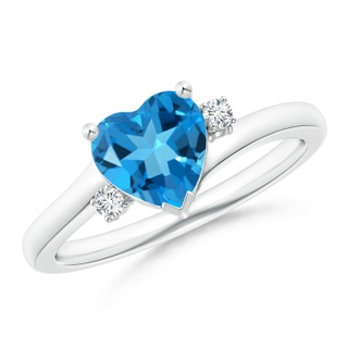 7mm AAAA Solitaire Heart Swiss Blue Topaz Bypass Ring with Diamonds in P950 Platinum