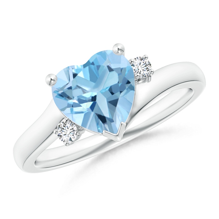 8mm A Solitaire Heart Swiss Blue Topaz Bypass Ring with Diamonds in S999 Silver 