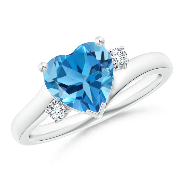 8mm AAA Solitaire Heart Swiss Blue Topaz Bypass Ring with Diamonds in White Gold