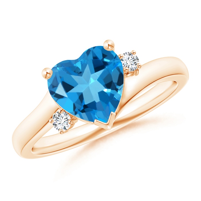 8mm AAAA Solitaire Heart Swiss Blue Topaz Bypass Ring with Diamonds in Rose Gold 