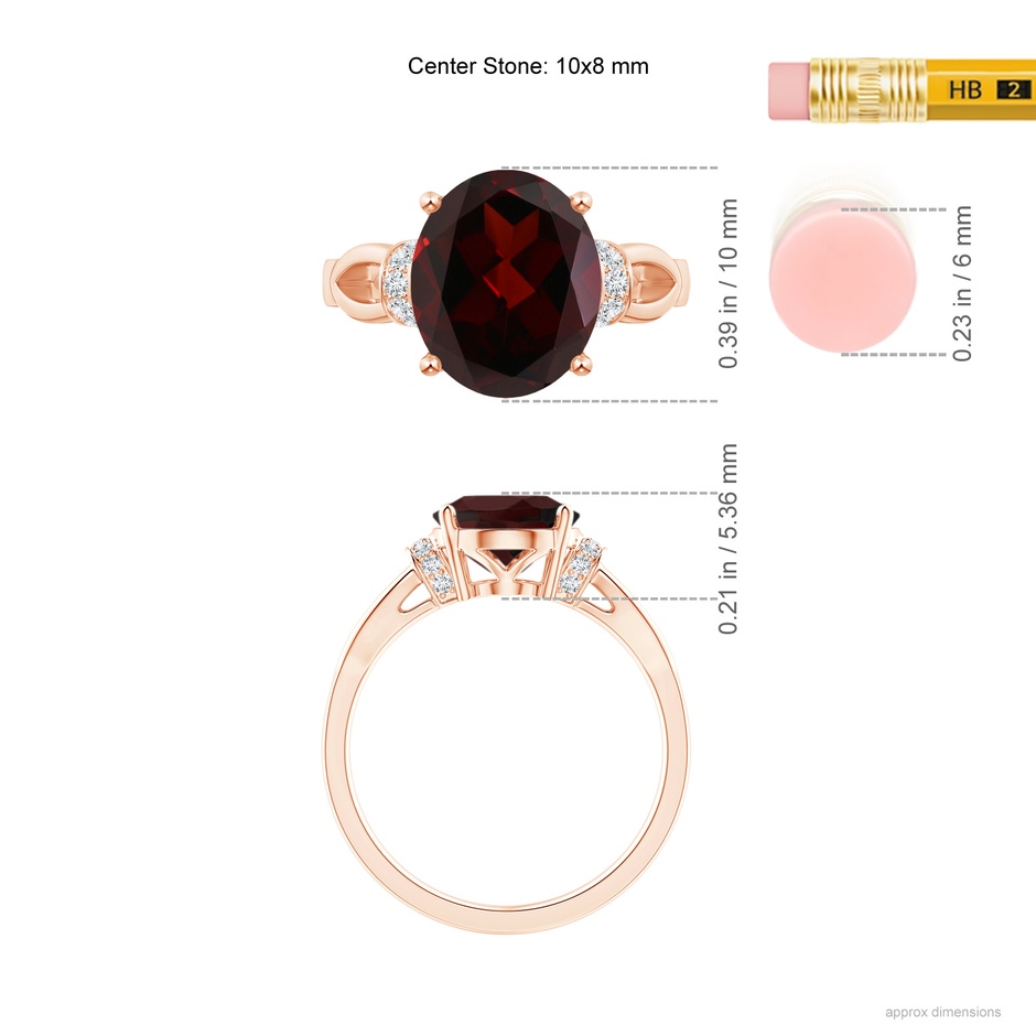 10x8mm A Solitaire Garnet Split Shank Ring with Diamonds in Rose Gold ruler
