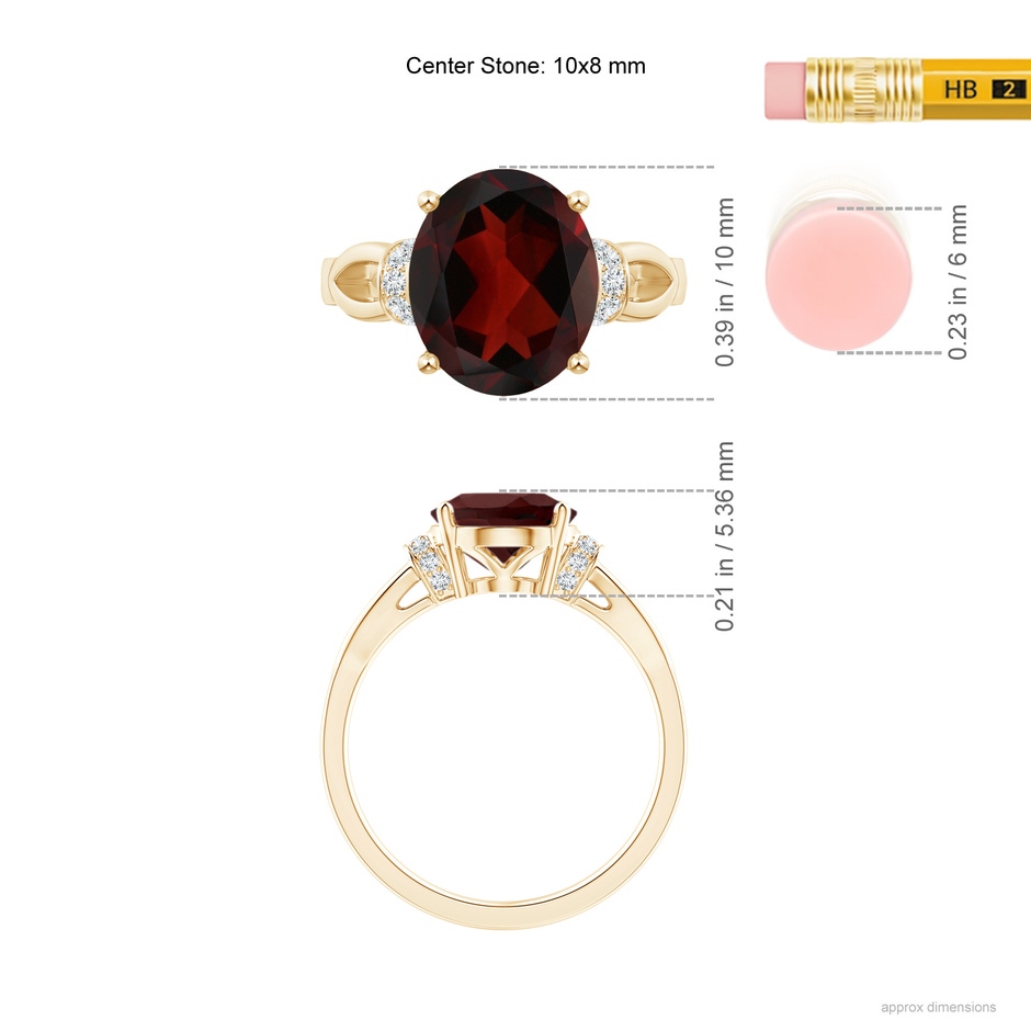 10x8mm AA Solitaire Garnet Split Shank Ring with Diamonds in Yellow Gold ruler