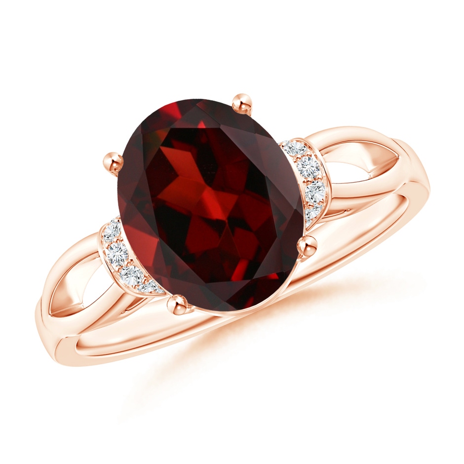 10x8mm AAA Solitaire Garnet Split Shank Ring with Diamonds in Rose Gold 
