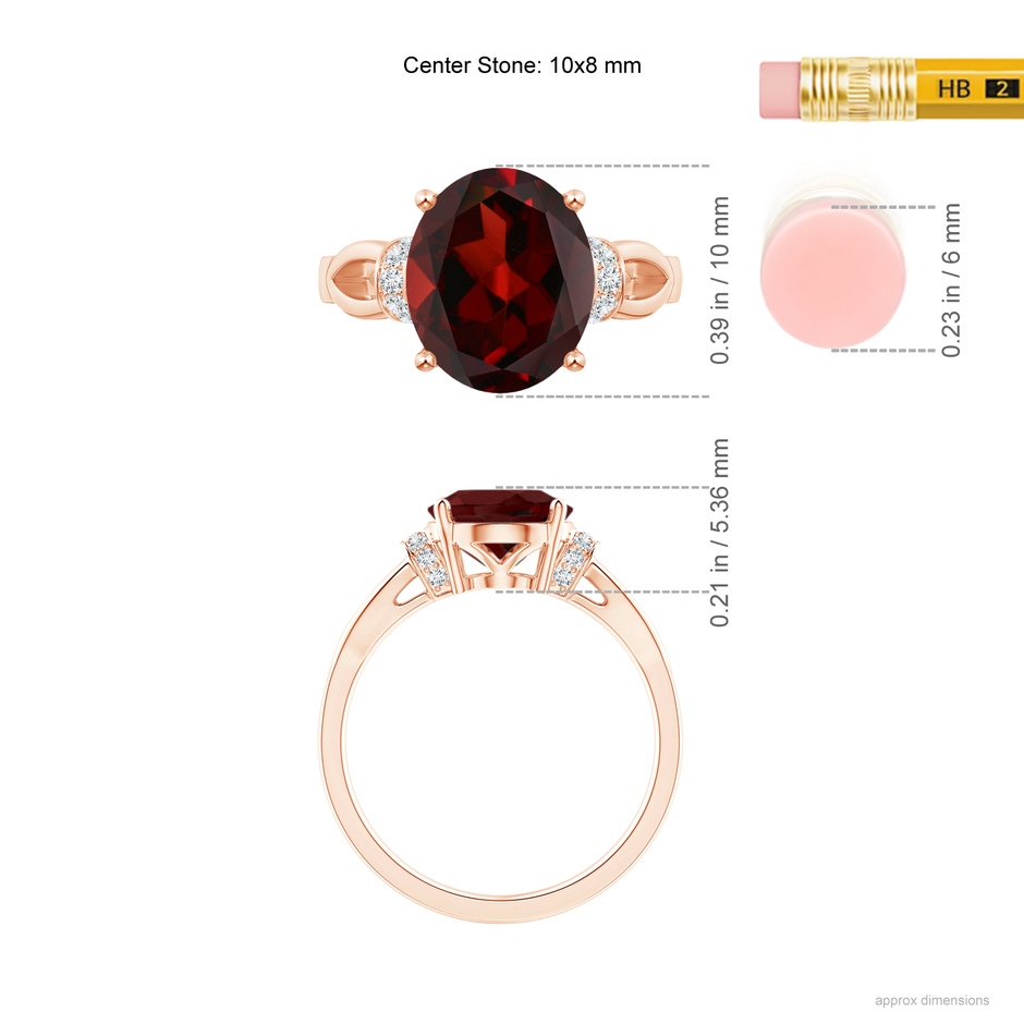 10x8mm AAA Solitaire Garnet Split Shank Ring with Diamonds in Rose Gold ruler