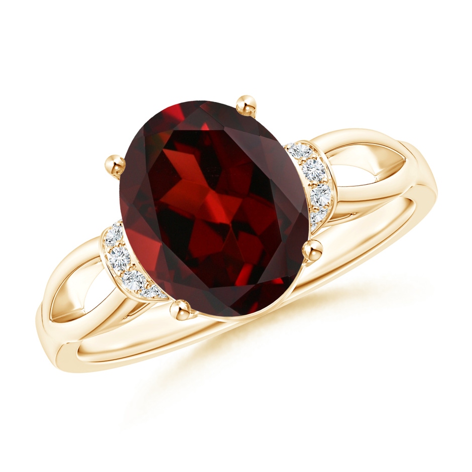 10x8mm AAA Solitaire Garnet Split Shank Ring with Diamonds in Yellow Gold 
