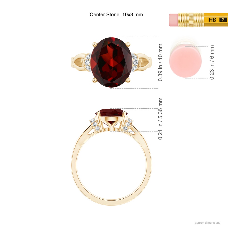 10x8mm AAA Solitaire Garnet Split Shank Ring with Diamonds in Yellow Gold ruler