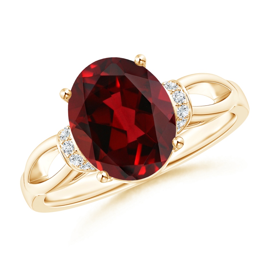 10x8mm AAAA Solitaire Garnet Split Shank Ring with Diamonds in Yellow Gold 