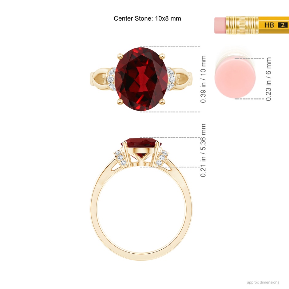 10x8mm AAAA Solitaire Garnet Split Shank Ring with Diamonds in Yellow Gold ruler