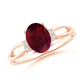 8x6mm AA Solitaire Garnet Split Shank Ring with Diamonds in 10K Rose Gold