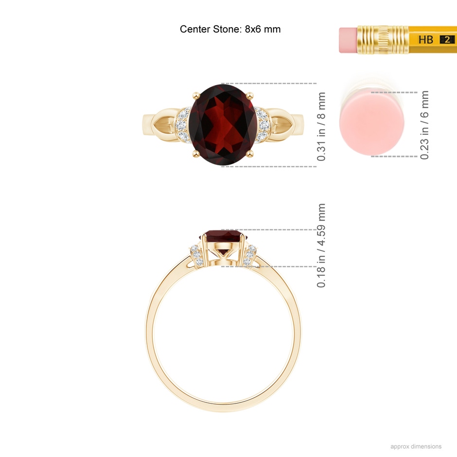8x6mm AA Solitaire Garnet Split Shank Ring with Diamonds in Yellow Gold ruler