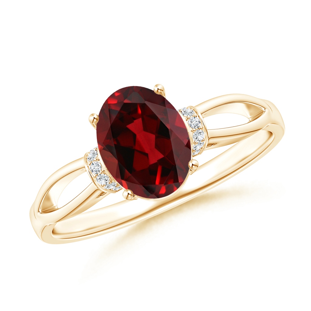 8x6mm AAAA Solitaire Garnet Split Shank Ring with Diamonds in Yellow Gold