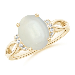 10x8mm AAAA Solitaire Moonstone Split Shank Ring with Diamonds in Yellow Gold