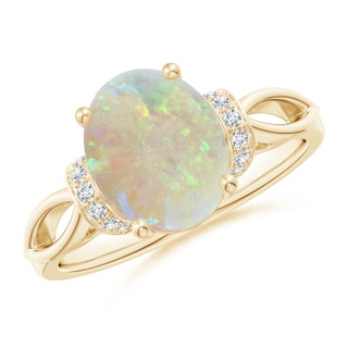10x8mm AAA Solitaire Opal Split Shank Ring with Diamonds in 9K Yellow Gold
