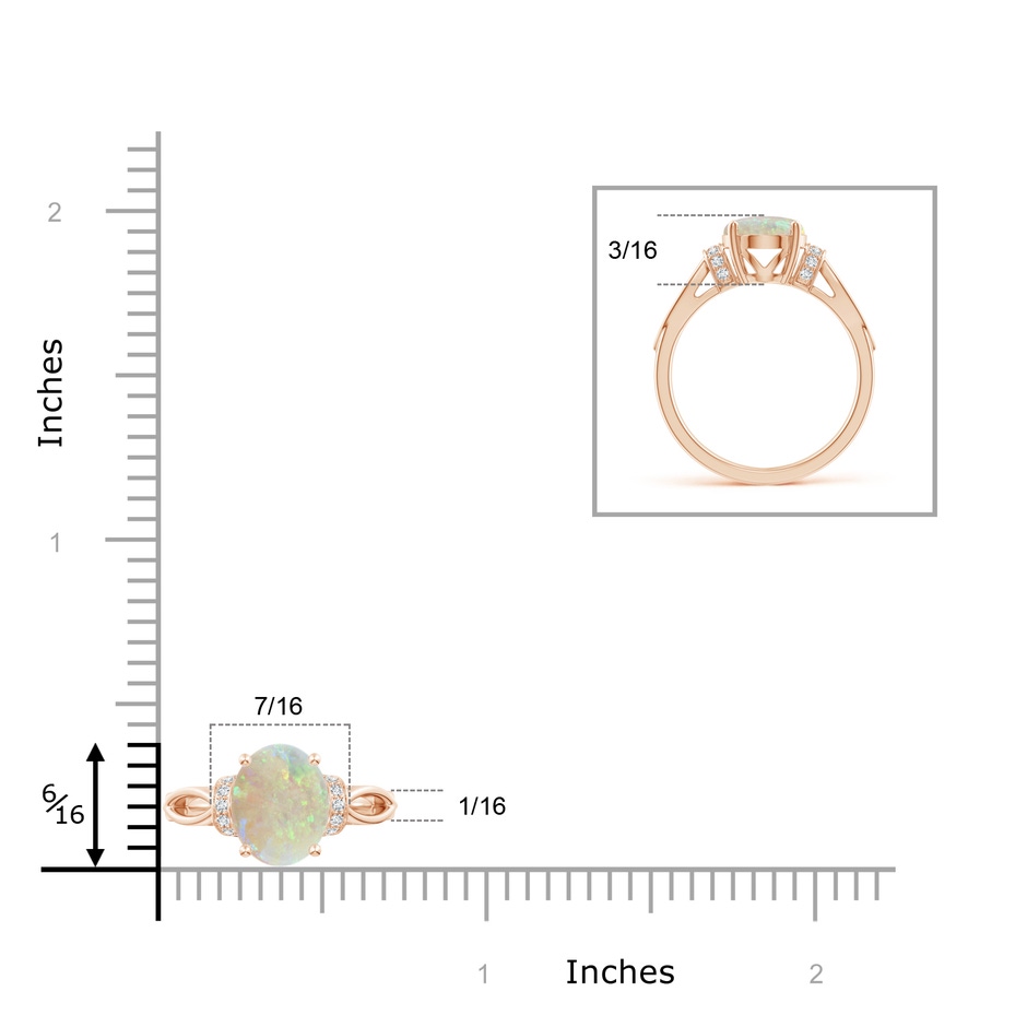 10x8mm AAA Solitaire Opal Split Shank Ring with Diamonds in Rose Gold Ruler