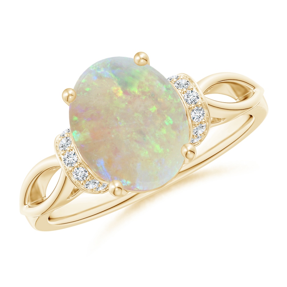 10x8mm AAA Solitaire Opal Split Shank Ring with Diamonds in Yellow Gold 