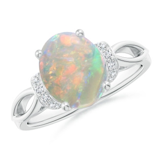 10x8mm AAAA Solitaire Opal Split Shank Ring with Diamonds in 9K White Gold