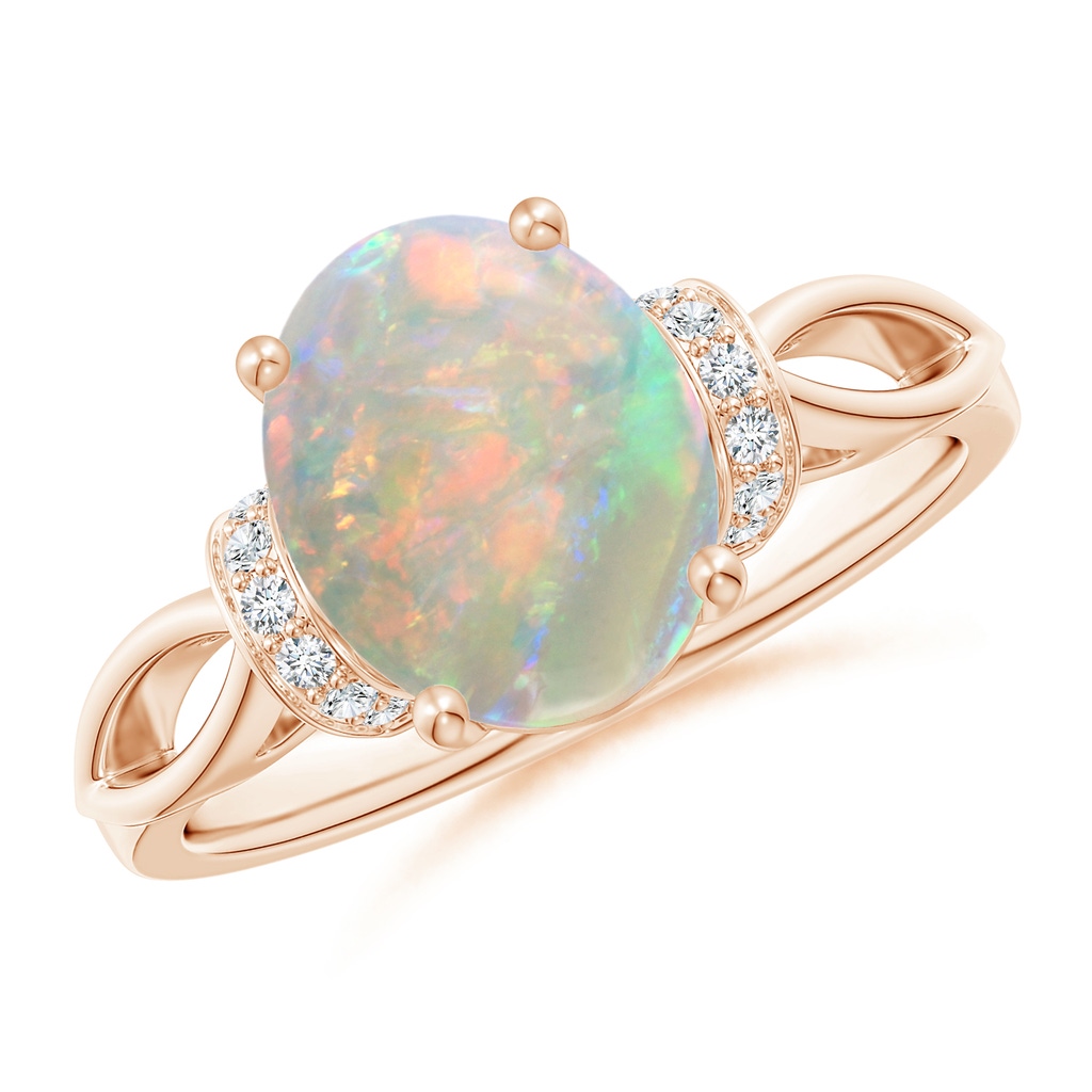 10x8mm AAAA Solitaire Opal Split Shank Ring with Diamonds in Rose Gold
