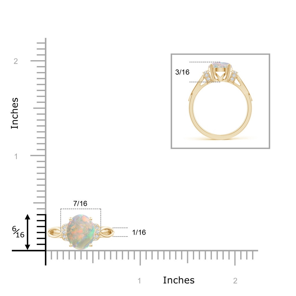 10x8mm AAAA Solitaire Opal Split Shank Ring with Diamonds in Yellow Gold Ruler