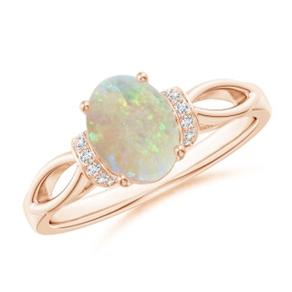 8x6mm AAA Solitaire Opal Split Shank Ring with Diamonds in Rose Gold