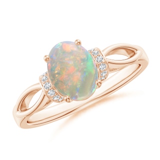 8x6mm AAAA Solitaire Opal Split Shank Ring with Diamonds in Rose Gold