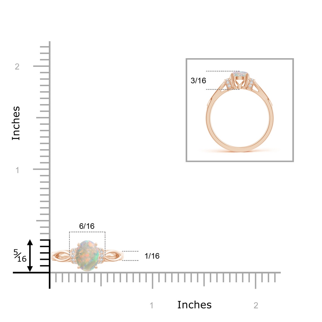 8x6mm AAAA Solitaire Opal Split Shank Ring with Diamonds in Rose Gold Ruler