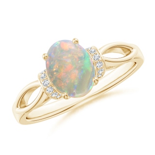 8x6mm AAAA Solitaire Opal Split Shank Ring with Diamonds in Yellow Gold