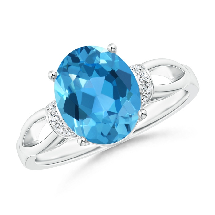 10x8mm AAA Solitaire Swiss Blue Topaz Split Shank Ring with Diamonds in White Gold