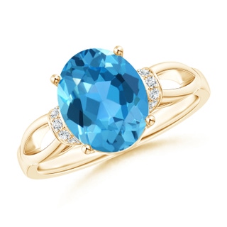 10x8mm AAA Solitaire Swiss Blue Topaz Split Shank Ring with Diamonds in Yellow Gold