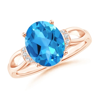 10x8mm AAAA Solitaire Swiss Blue Topaz Split Shank Ring with Diamonds in Rose Gold