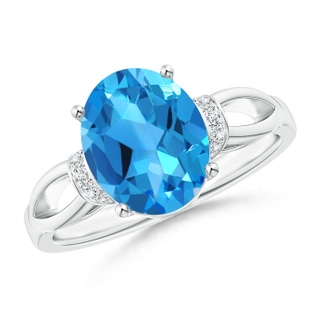 10x8mm AAAA Solitaire Swiss Blue Topaz Split Shank Ring with Diamonds in White Gold