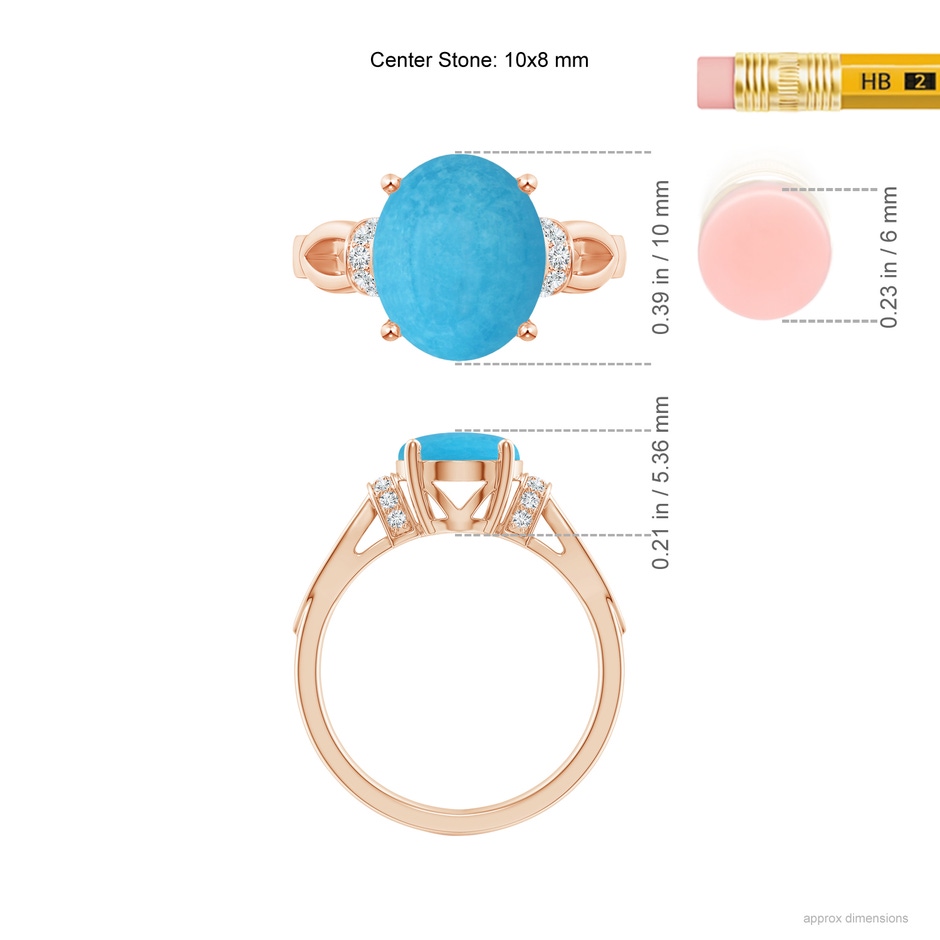 10x8mm A Solitaire Turquoise Split Shank Ring with Diamonds in 18K Rose Gold ruler