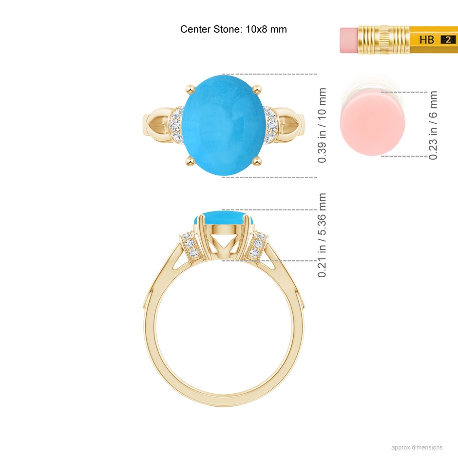 10x8mm AAA Solitaire Turquoise Split Shank Ring with Diamonds in 18K Yellow Gold ruler