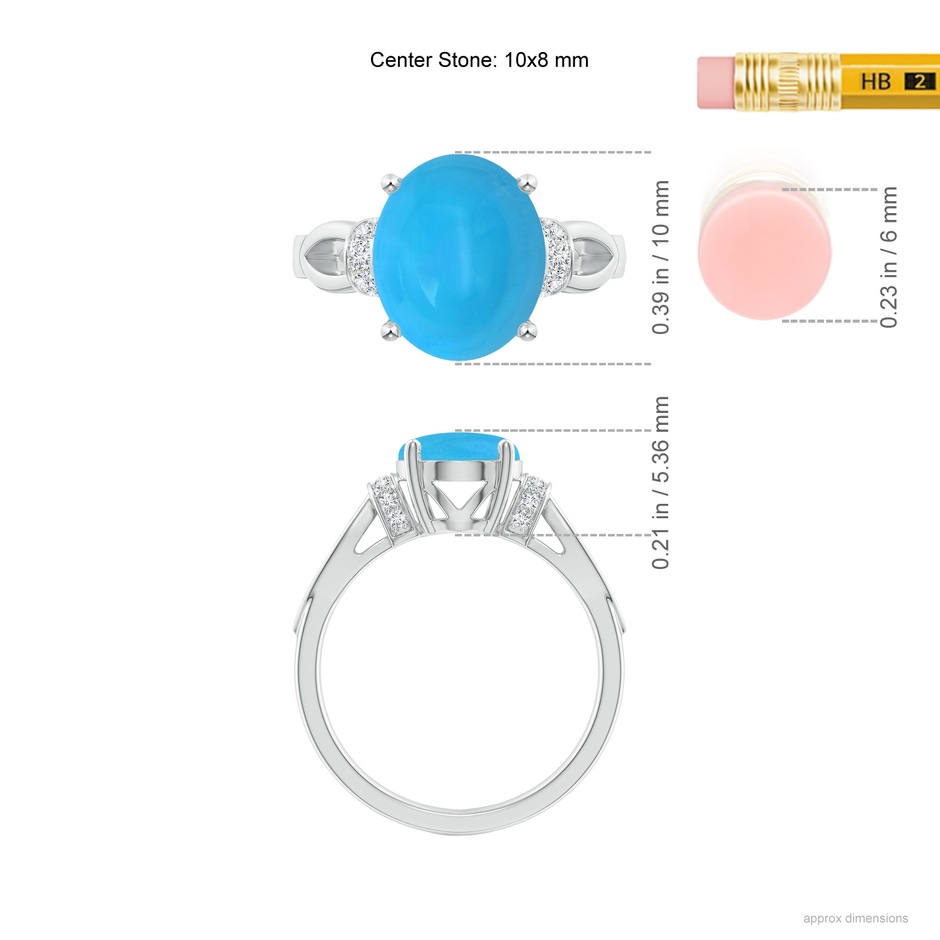 10x8mm AAAA Solitaire Turquoise Split Shank Ring with Diamonds in 18K White Gold ruler