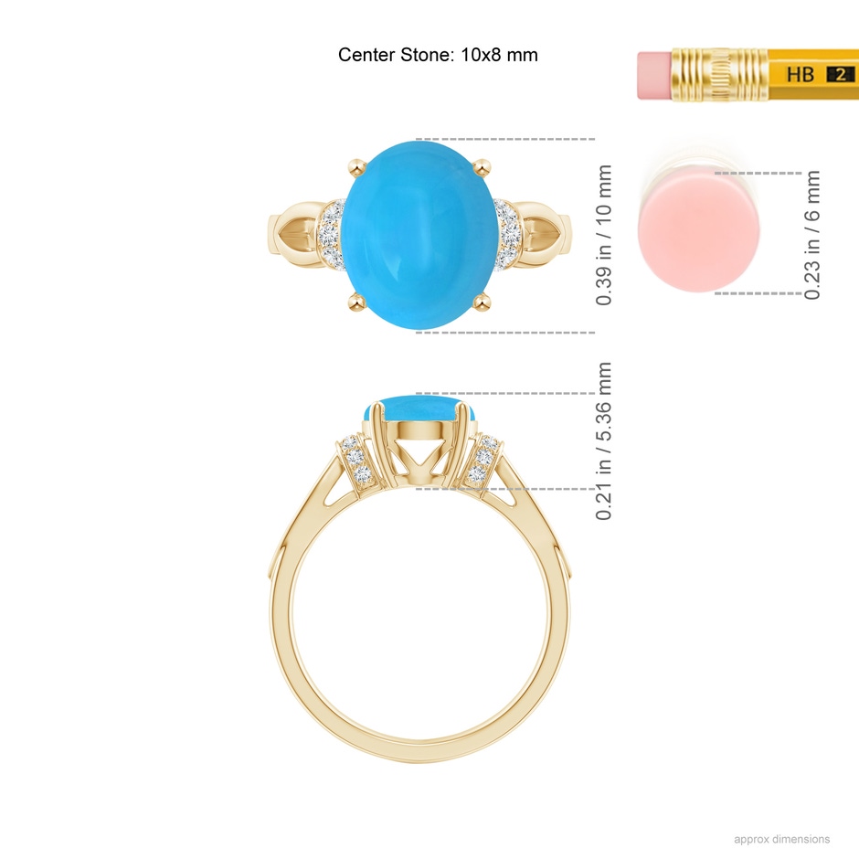 10x8mm AAAA Solitaire Turquoise Split Shank Ring with Diamonds in 18K Yellow Gold ruler