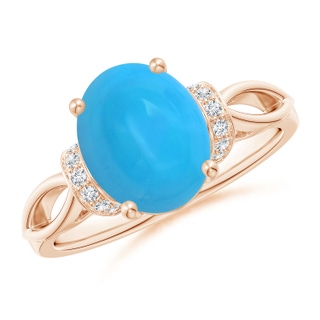 10x8mm AAAA Solitaire Turquoise Split Shank Ring with Diamonds in Rose Gold