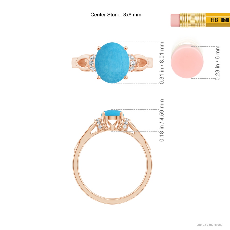 8x6mm A Solitaire Turquoise Split Shank Ring with Diamonds in Rose Gold ruler