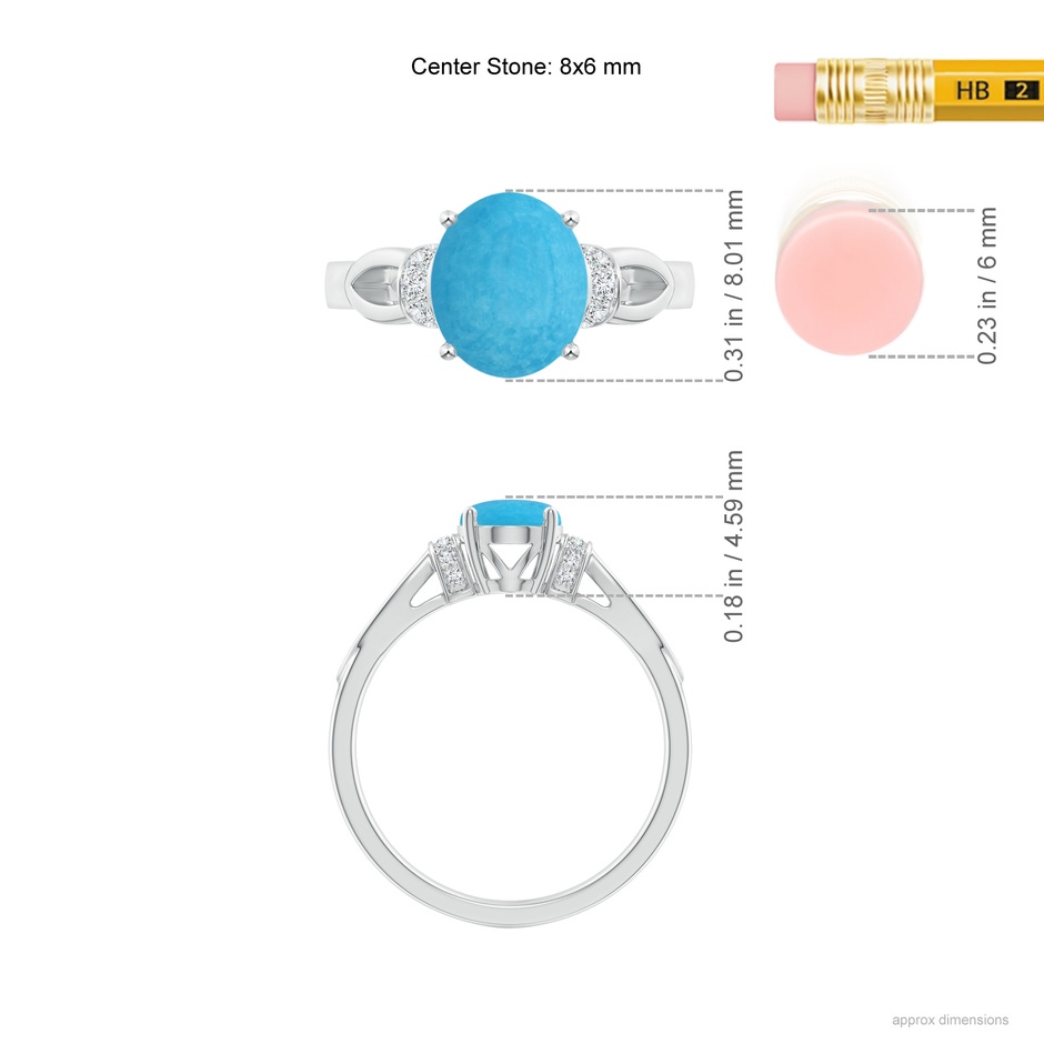 8x6mm A Solitaire Turquoise Split Shank Ring with Diamonds in White Gold ruler